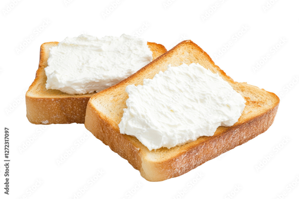 Two slices of toast with white cream spread on top, isolated Two slices of toast with white cream spread on top, isolated