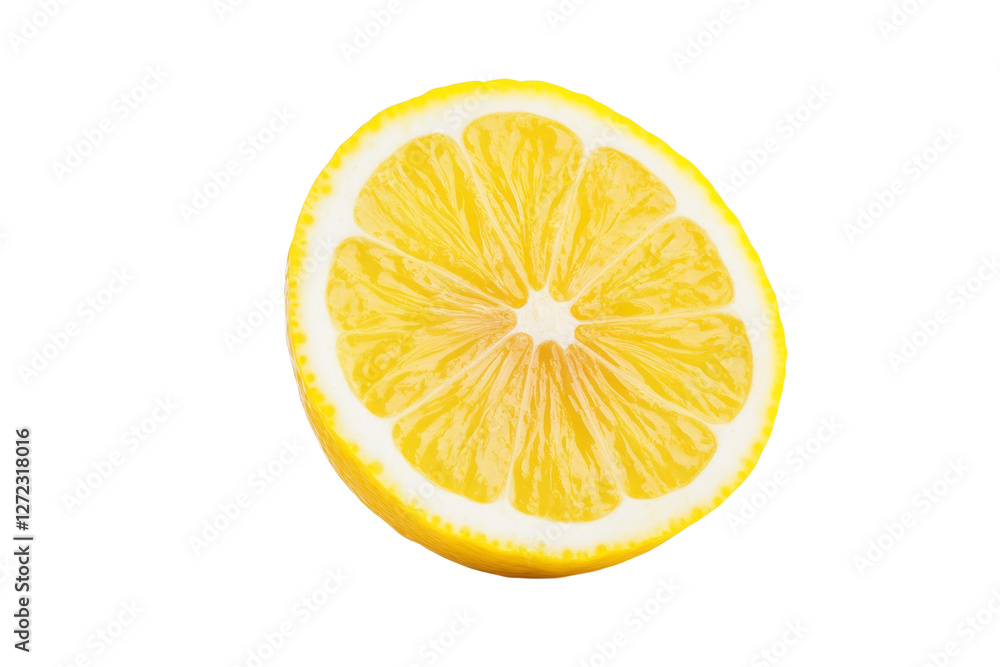 Slice of lemon is shown on a white background, isolated Slice of lemon is shown on a white background, isolated