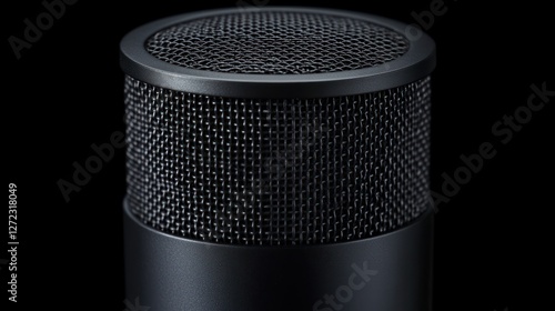 Studio microphone close-up, black background, recording audio, podcasting photo