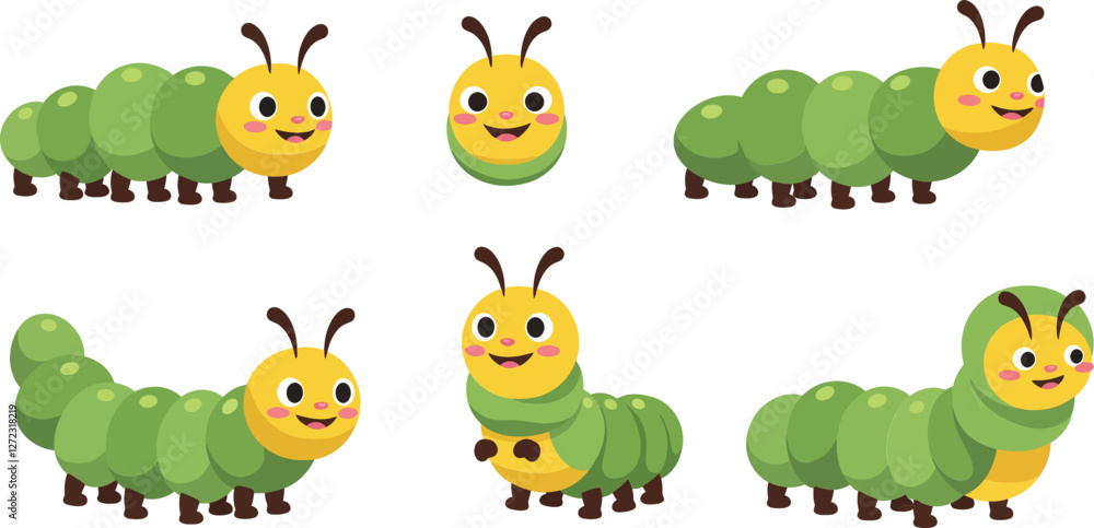 Happy cartoon caterpillar transformation with playful expressions in flat vector art Happy cartoon caterpillar transformation with playful expressions in flat vector art