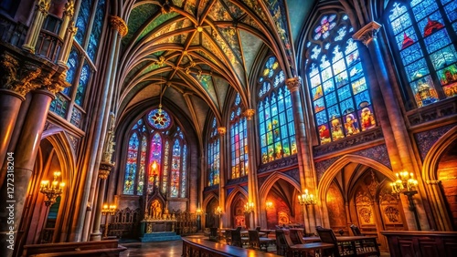 Low Light Church Interior, Gothic Architecture, Spiritual Atmosphere, Night Photography, Religious Building