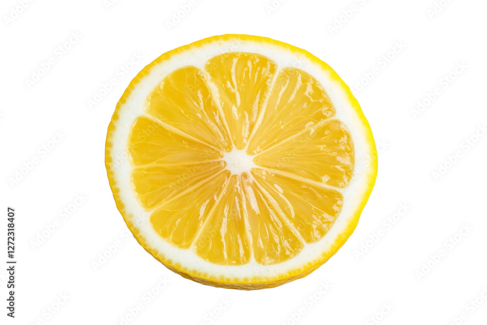 Slice of lemon is shown on a white background, isolated Slice of lemon is shown on a white background, isolated