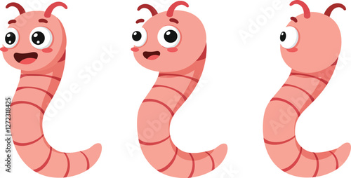 Cute animated worm character in playful poses, flat design vector art