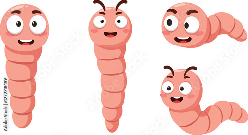 Cute smiling cartoon worms in various poses flat vector art