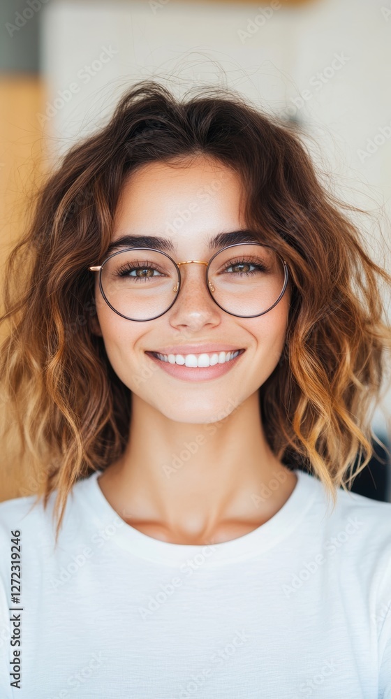 Obraz premium Smiling young woman with curly brown hair and round glasses. Natural beauty and a cheerful expression.