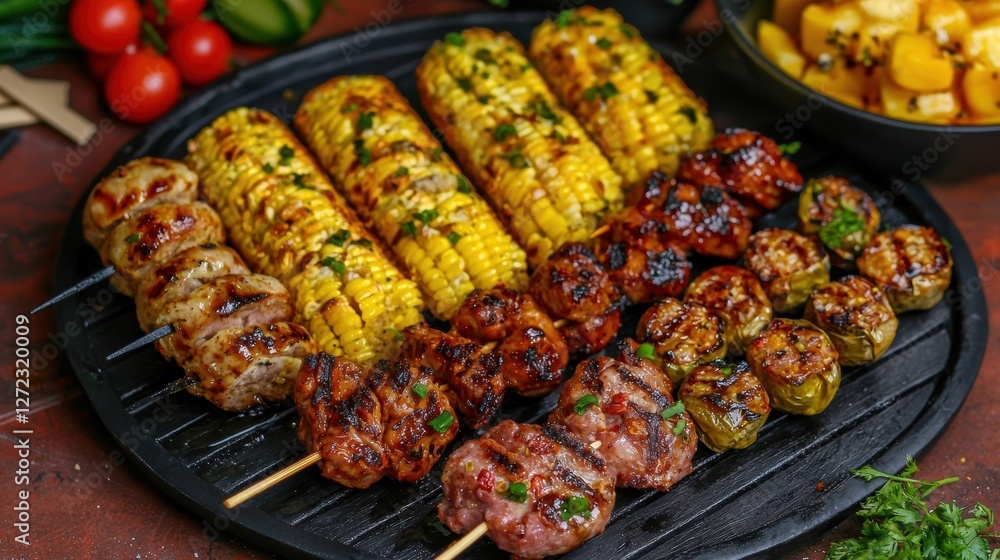 Grilled skewers and corn feast backyard barbecue food photography outdoor setting close-up culinary delight Grilled skewers and corn feast backyard barbecue food photography outdoor setting close-up culinary delight