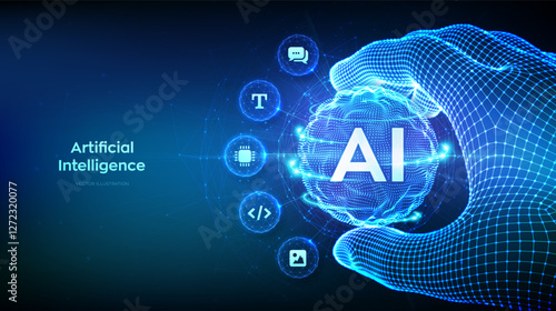 AI. Artificial Intelligence in the shape of sphere grid wave in wireframe hand. AI virtual technology. Machine Learning Concept. Big data innovation technology. Neural networks. Vector illustration.