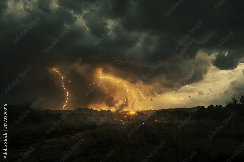 Fototapeta premium Intense lightning storm flashing across a countryside landscape