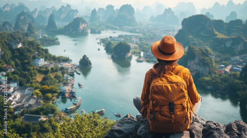 Serene Vista of Exploration: A solo female traveler wearing a hat and backpack, enjoys a breathtaking view of the river, surrounded by majestic, green hills and a hazy horizon. Serene Vista of Exploration: A solo female traveler wearing a hat and backpack, enjoys a breathtaking view of the river, surrounded by majestic, green hills and a hazy horizon.