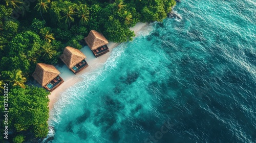 Tropical Paradise Escape: Aerial view captures the serene beauty of overwater bungalows nestled along a pristine sandy beach where the turquoise sea meets the lush green foliage of a tropical island.