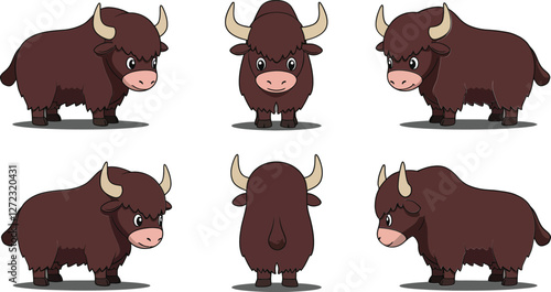 Cute brown yak character design in flat style with detailed features vector illustration