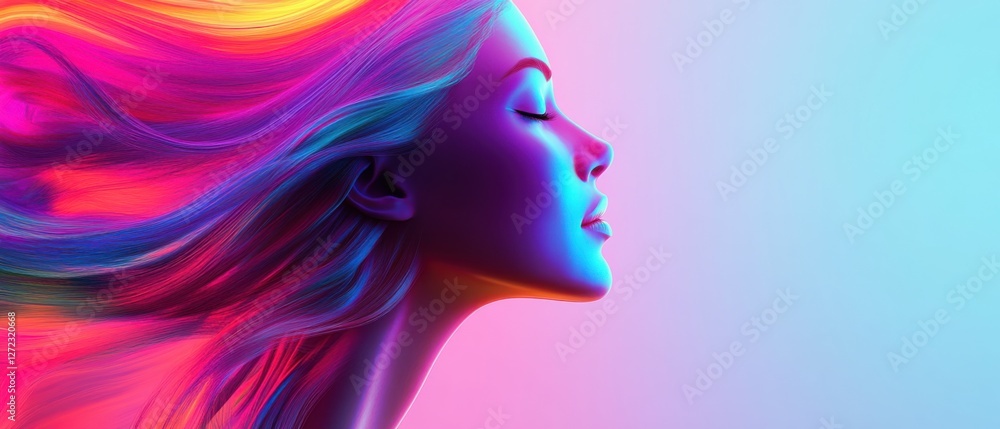 Profile of a woman with vibrant, flowing rainbow hair against a colorful gradient background Concept of beauty, fashion, and fantasy Profile of a woman with vibrant, flowing rainbow hair against a colorful gradient background Concept of beauty, fashion, and fantasy