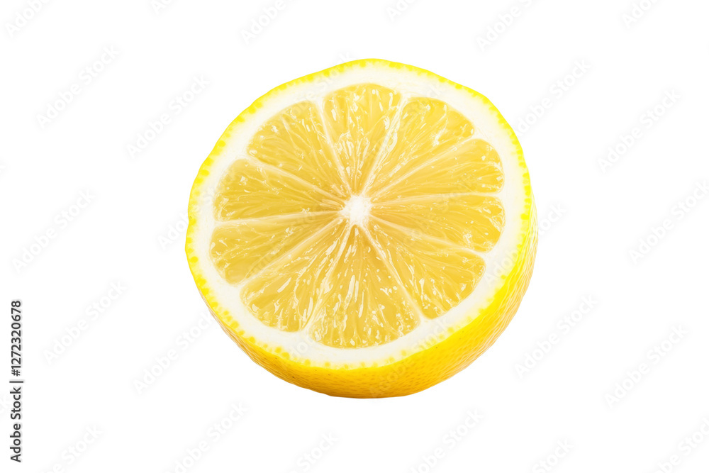 Slice of lemon is shown on a white background, isolated Slice of lemon is shown on a white background, isolated