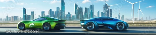 Futuristic electric cars on city road with wind turbines photo