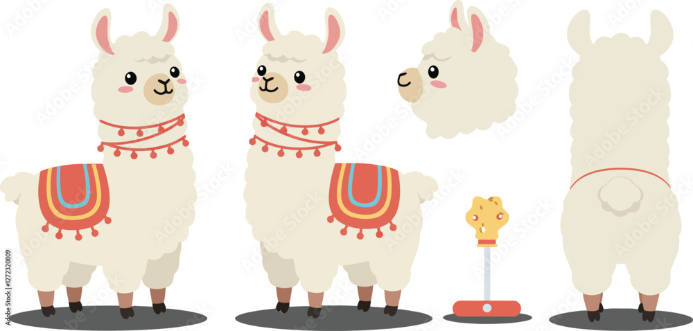 Fototapeta premium Cute llama character design in flat style showcasing multiple angles vector illustration