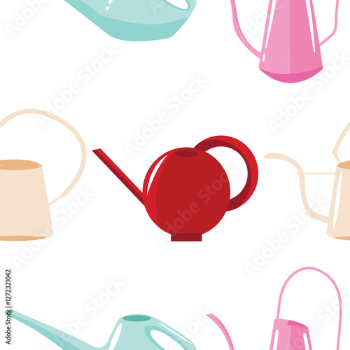 seamless pattern with watering cans of various shapes and colors on a white background, for packaging or textile
