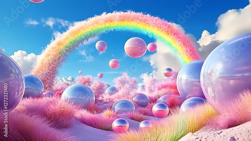Dreamy landscape featuring pink fluffy trees and large translucent bubbles under a vibrant rainbow