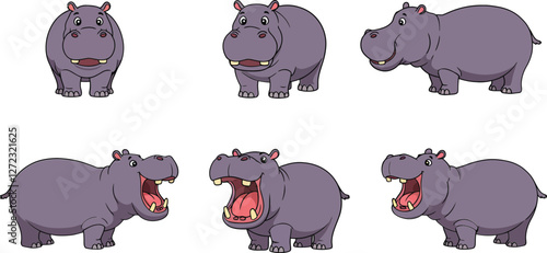 Hippo character expressions in detailed vector illustration style showcasing emotions and movements