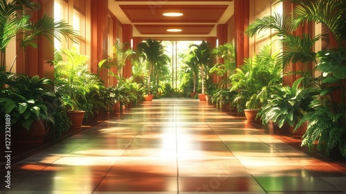 Sunlit Tropical Corridor, Indoor Plants, Resort Lobby, Relaxation