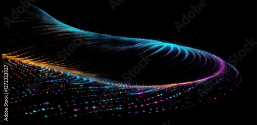 Vector illustration features graceful, multicolored waves of particles flowing smoothly on a black background, symbolizing digital fluidity and modernity with a vibrant, artistic look.