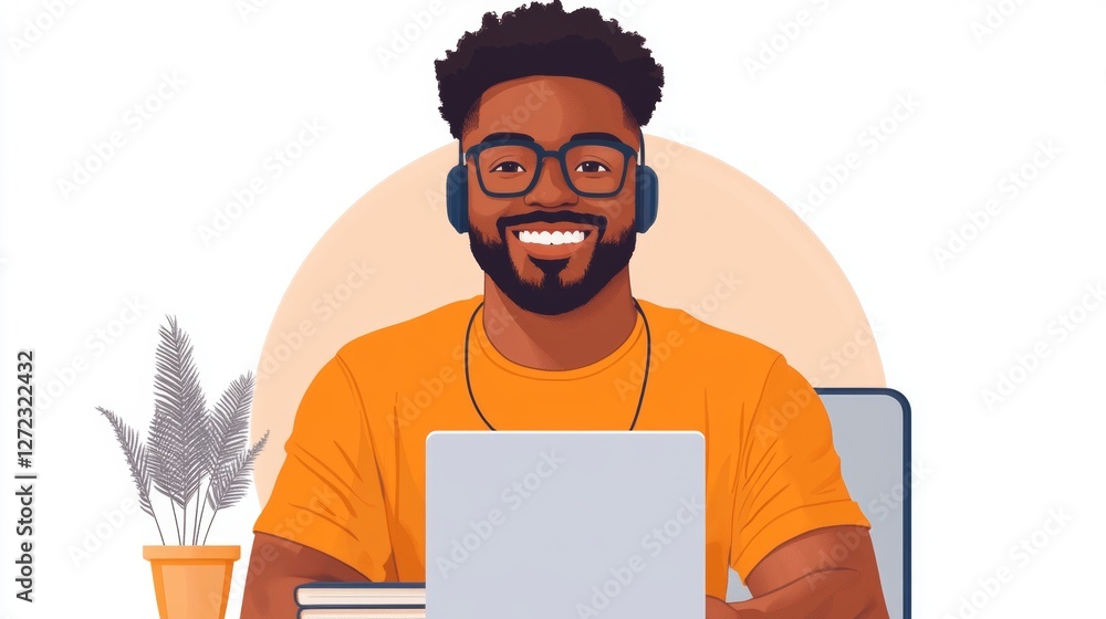 Smiling Black man works on his laptop. Happy, productive, and focused. Smiling Black man works on his laptop. Happy, productive, and focused.