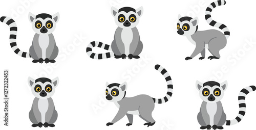 Lemur character poses in flat style showcasing playful movements in vector illustration
