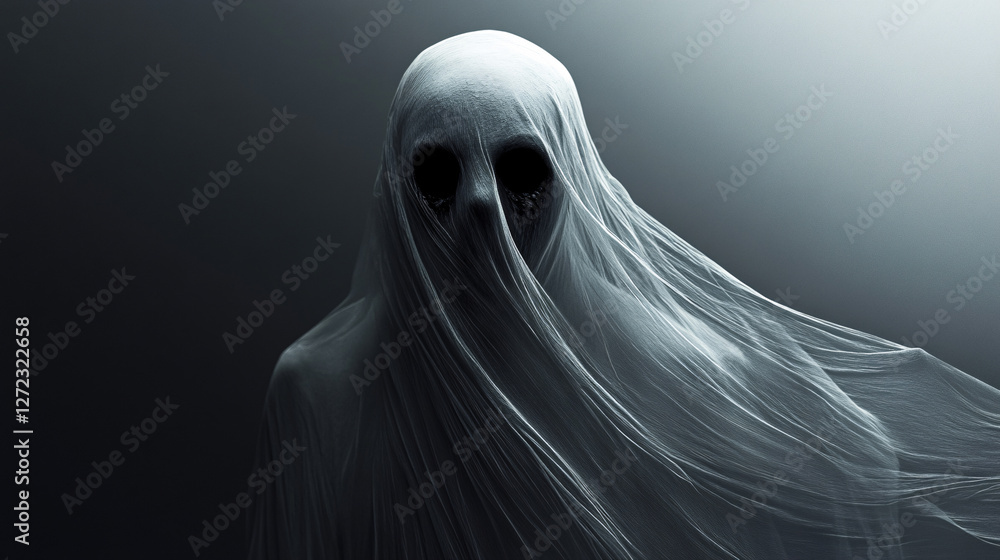 A dark ghostly figure with hollow black eyes draped in a flowing white veil emerges ominously from the shadows.
A dark ghostly figure with hollow black eyes draped in a flowing white veil emerges ominously from the shadows.
