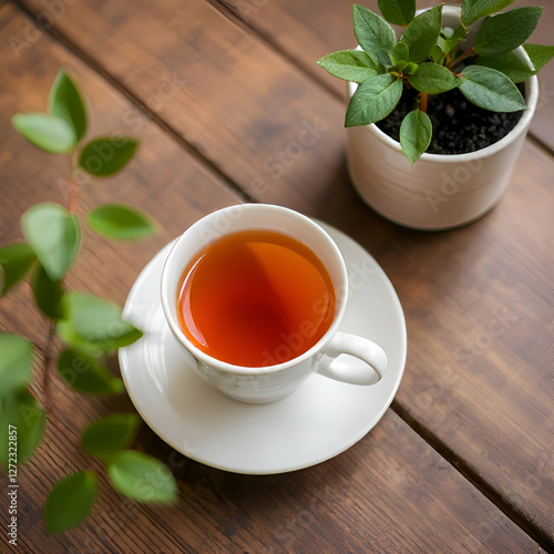 a cup of tea and a potted plant on a table