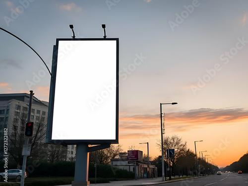 a blank billboard on a city street at sunset