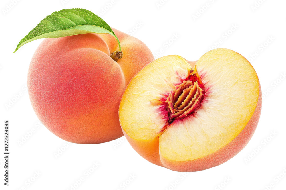 Peach is cut in half, revealing its juicy, sweet flesh, isolated