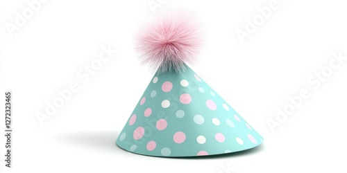 A Teal Party Hat With Pink And White Polka Dots