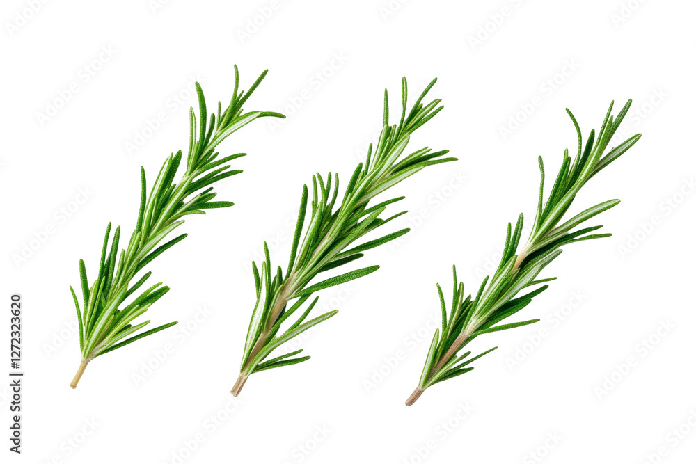 Fototapeta premium Three green rosemary stems are shown in a row, isolated