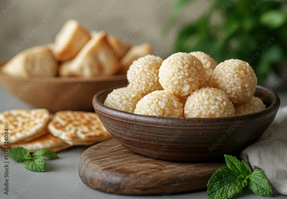 Delicious Asian Desserts Featuring Sweet Sticky Rice Balls Coated with Sesame Seeds and Assorted Cookies on a Rustic Wooden Table Delicious Asian Desserts Featuring Sweet Sticky Rice Balls Coated with Sesame Seeds and Assorted Cookies on a Rustic Wooden Table