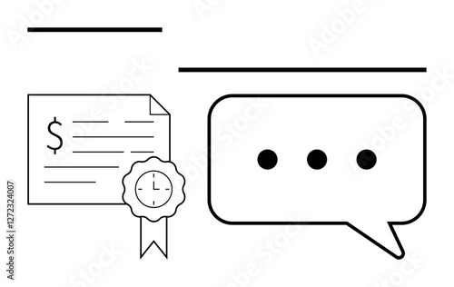 Document with a dollar sign and certification stamp, accompanied by a chat bubble with ellipsis. Ideal for business, approval processes, communication, legal matters, online transactions, document