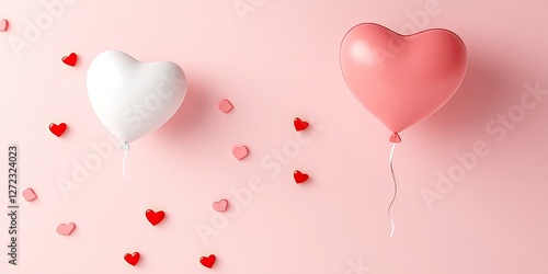 Two Heart Shaped Balloons Float Amongst Small Hearts
