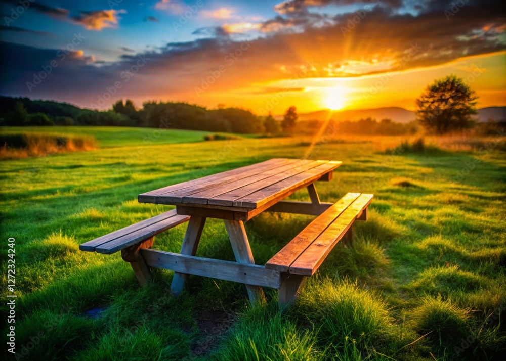 Naklejka premium Low Light Picnic Table End, Dusk Shadows, Rural Setting, Summer Evening