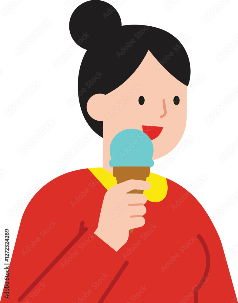 Woman holding ice cream cone in flat minimal style vector art Woman holding ice cream cone in flat minimal style vector art