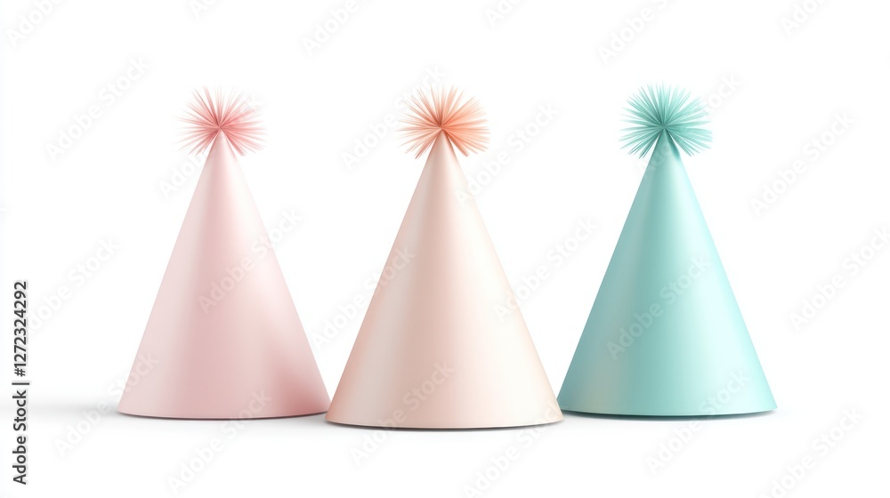 Three Pastel Party Hats With Pom Poms Three Pastel Party Hats With Pom Poms