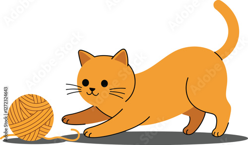 Playful orange cat interacting with a yarn ball in flat vector illustration