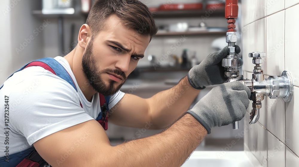A focused plumber works on a sink installation, showcasing skill and attention to detail in a modern kitchen setting. A focused plumber works on a sink installation, showcasing skill and attention to detail in a modern kitchen setting.