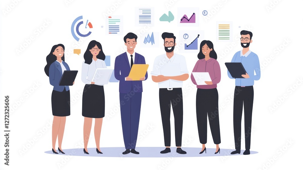Business team collaborating, data analysis, modern office Business team collaborating, data analysis, modern office