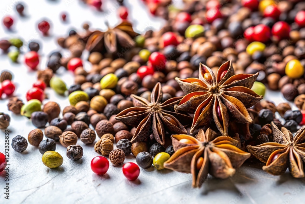 Low Light Spices: Anise, Black Pepper & Allspice on White - Healthy Eating Concept Low Light Spices: Anise, Black Pepper & Allspice on White - Healthy Eating Concept