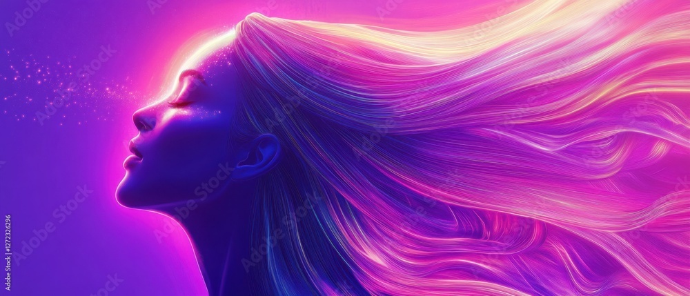Serene woman with flowing iridescent hair in vibrant neon colors Digital art portrait with a dreamy, ethereal mood, representing beauty, fantasy, and imagination Serene woman with flowing iridescent hair in vibrant neon colors Digital art portrait with a dreamy, ethereal mood, representing beauty, fantasy, and imagination