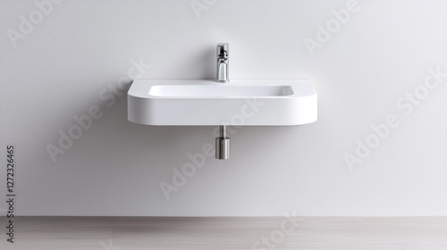 Modern white ceramic wall-mounted sink with chrome faucet in a minimalist bathroom setting.