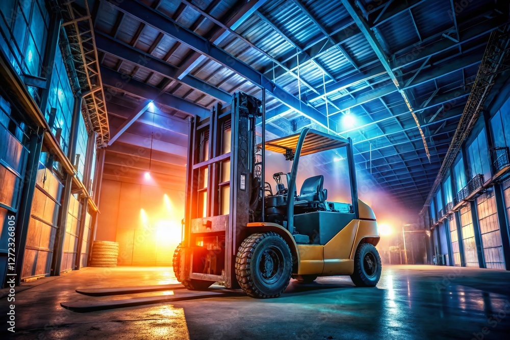 Low Light Warehouse Forklift PNG - Industrial Night Scene Stock Photo