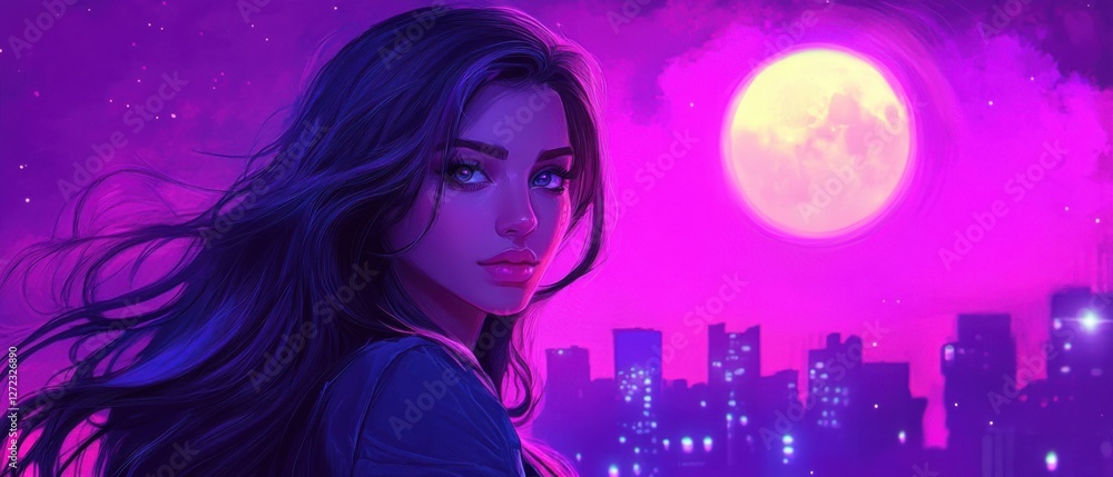 Young woman with long dark hair against a vibrant cyberpunk cityscape at night under a large full moon Digital art, futuristic, fantasy, and imagination concept Young woman with long dark hair against a vibrant cyberpunk cityscape at night under a large full moon Digital art, futuristic, fantasy, and imagination concept
