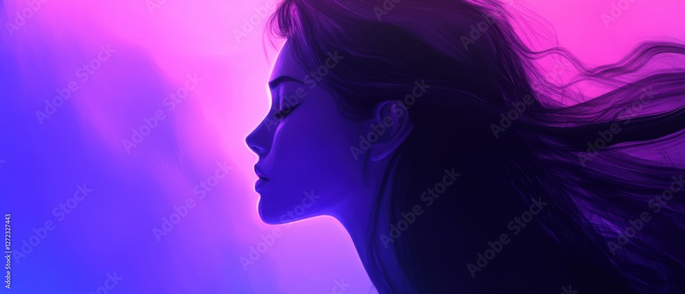 Serene young woman with flowing hair in profile against a vibrant neon pink and blue background Concept of beauty, tranquility, and digital art Serene young woman with flowing hair in profile against a vibrant neon pink and blue background Concept of beauty, tranquility, and digital art
