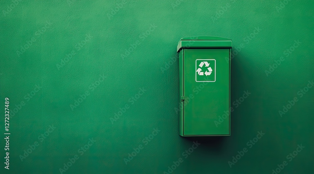 Green recycling bin on a green wall, environmental concept Green recycling bin on a green wall, environmental concept