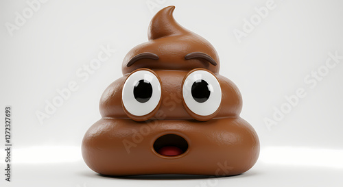 A 3D render of a surprised poop emoji.