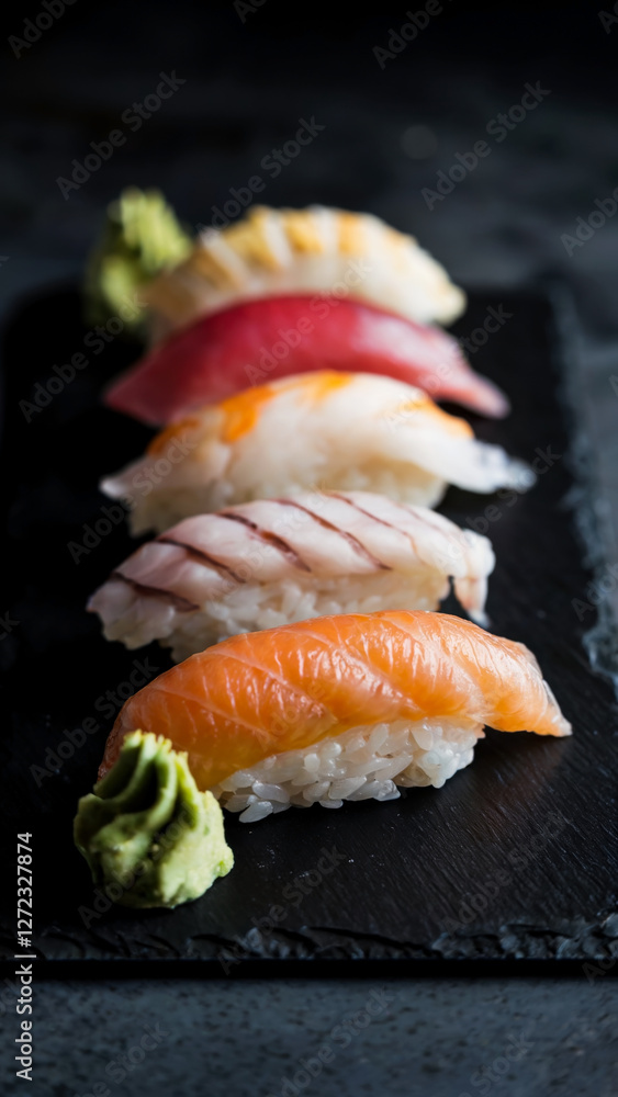 Delicious sushi and rolls served in plate or slate on a black background, macro Delicious sushi and rolls served in plate or slate on a black background, macro